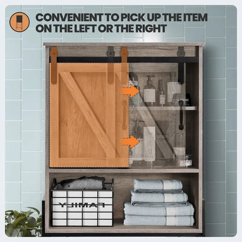 Meuble de rangement à installer au-dessus des toilettes, organisateur de salle de bain avec porte coulissante de style grange et étagères réglables, support de rangement - Voir photo