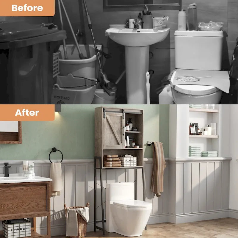 Meuble de rangement à installer au-dessus des toilettes, organisateur de salle de bain avec porte coulissante de style grange et étagères réglables, support de rangement - Voir photo