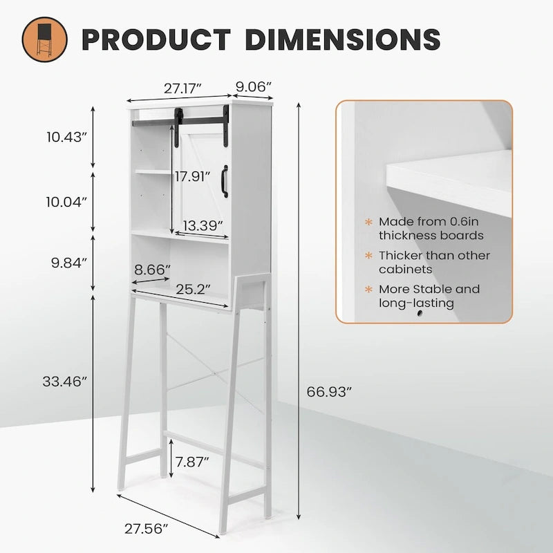 Meuble de rangement à installer au-dessus des toilettes, organisateur de salle de bain avec porte coulissante de style grange et étagères réglables, support de rangement - Voir photo