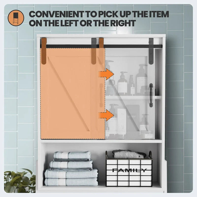 Meuble de rangement à installer au-dessus des toilettes, organisateur de salle de bain avec porte coulissante de style grange et étagères réglables, support de rangement - Voir photo