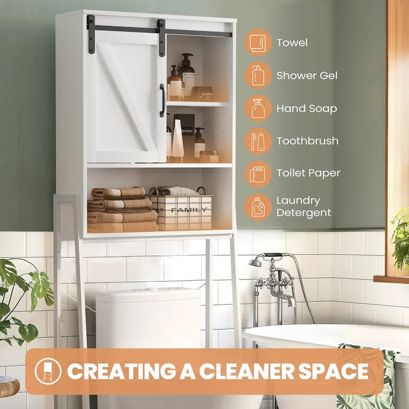Meuble de rangement à installer au-dessus des toilettes, organisateur de salle de bain avec porte coulissante de style grange et étagères réglables, support de rangement - Voir photo