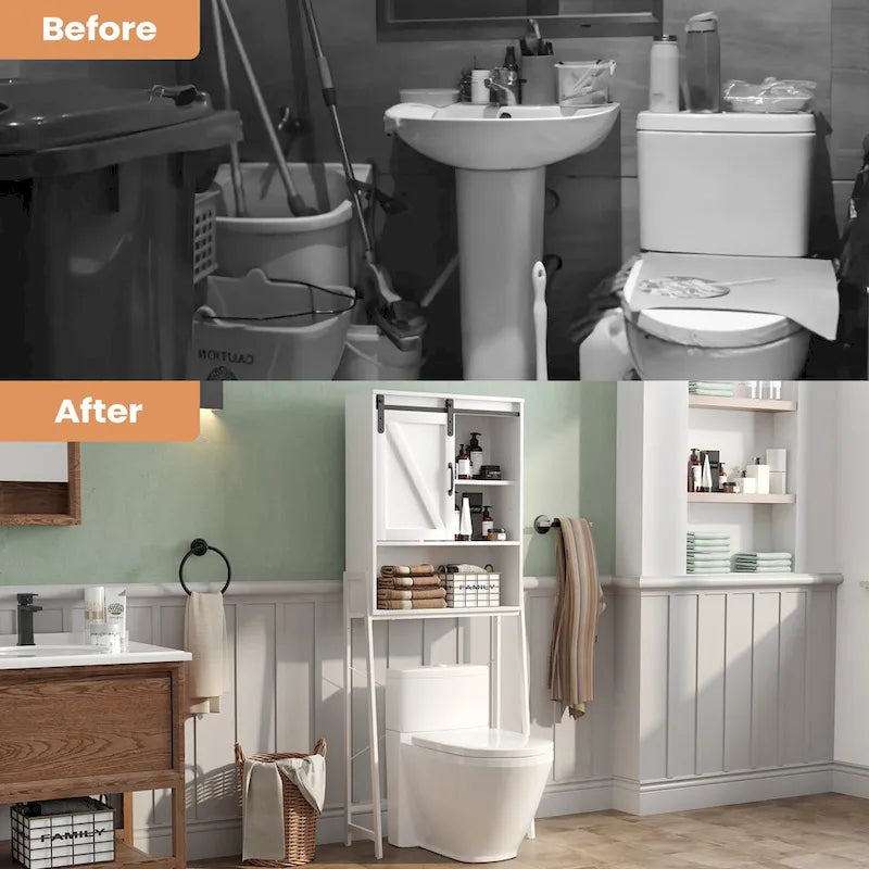 Meuble de rangement à installer au-dessus des toilettes, organisateur de salle de bain avec porte coulissante de style grange et étagères réglables, support de rangement - Voir photo