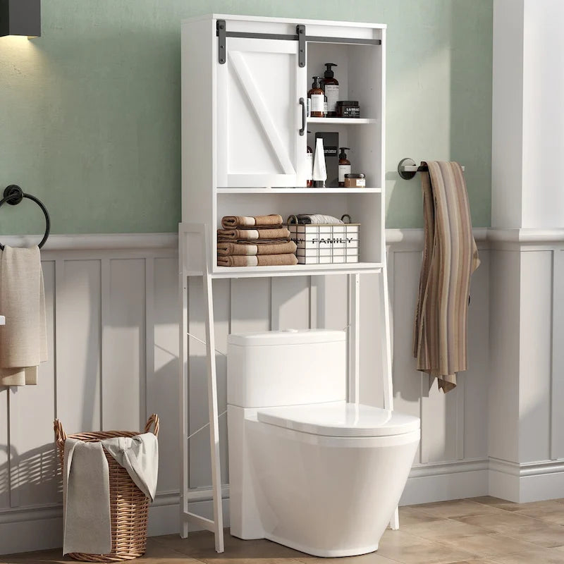 Meuble de rangement à installer au-dessus des toilettes, organisateur de salle de bain avec porte coulissante de style grange et étagères réglables, support de rangement - Voir photo