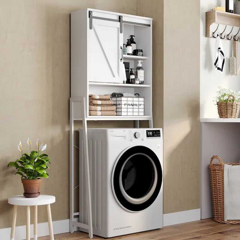 Meuble de rangement à installer au-dessus des toilettes, organisateur de salle de bain avec porte coulissante de style grange et étagères réglables, support de rangement - Voir photo