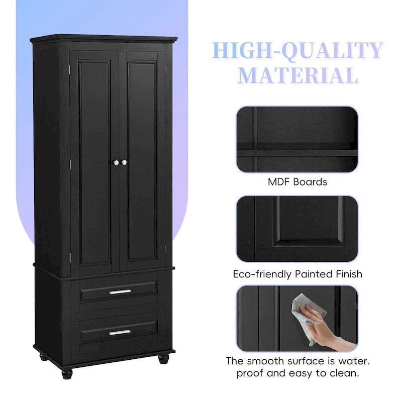 Armoire de rangement haute à deux tiroirs pour salle de bain/bureau, noire