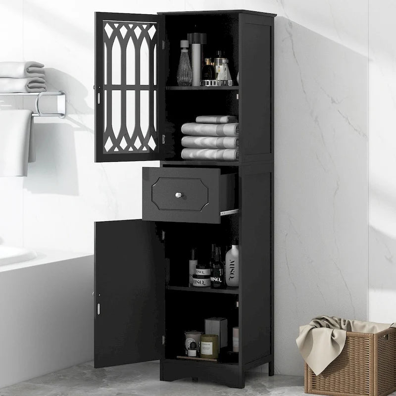 Armoire de salle de bain haute, meuble de rangement autoportant avec tiroir et portes, panneau MDF, porte en acrylique, étagère réglable, noir