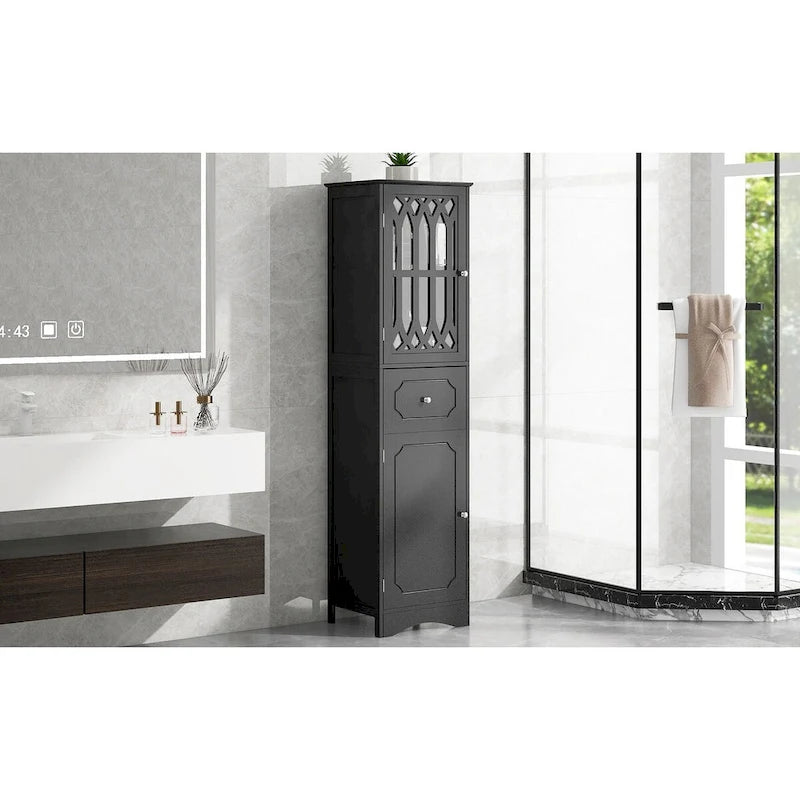 Armoire de salle de bain haute, meuble de rangement autoportant avec tiroir et portes, panneau MDF, porte en acrylique, étagère réglable, noir