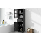 Armoire de salle de bain haute, meuble de rangement autoportant avec tiroir et portes, panneau MDF, porte en acrylique, étagère réglable, noir
