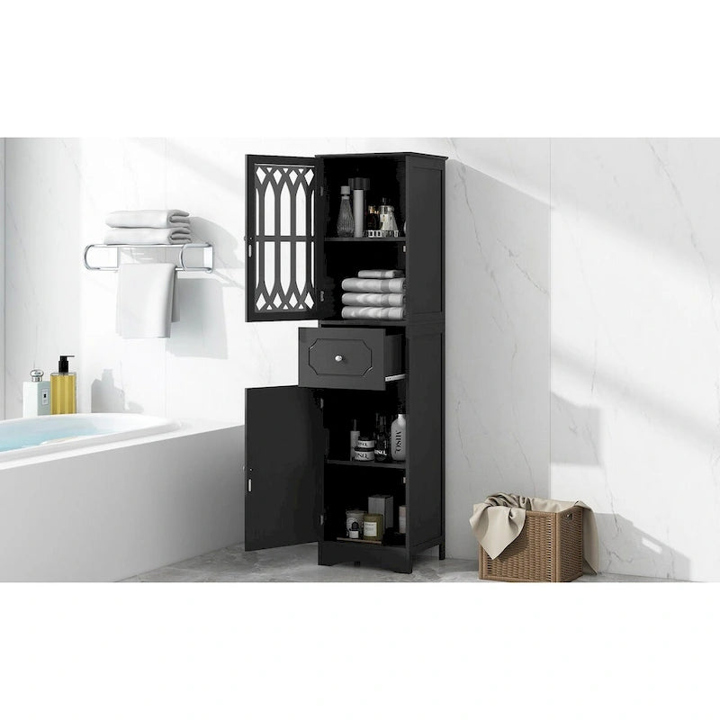 Armoire de salle de bain haute, meuble de rangement autoportant avec tiroir et portes, panneau MDF, porte en acrylique, étagère réglable, noir