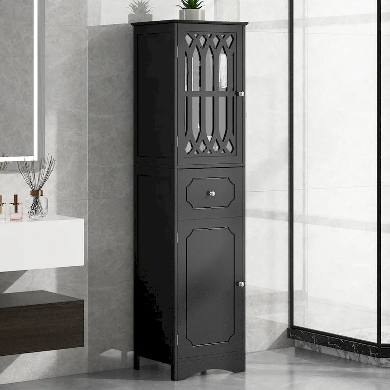 Armoire de salle de bain haute, meuble de rangement autoportant avec tiroir et portes, panneau MDF, porte en acrylique, étagère réglable, noir