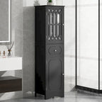 Armoire de salle de bain haute, meuble de rangement autoportant avec tiroir et portes, panneau MDF, porte en acrylique, étagère réglable, noir