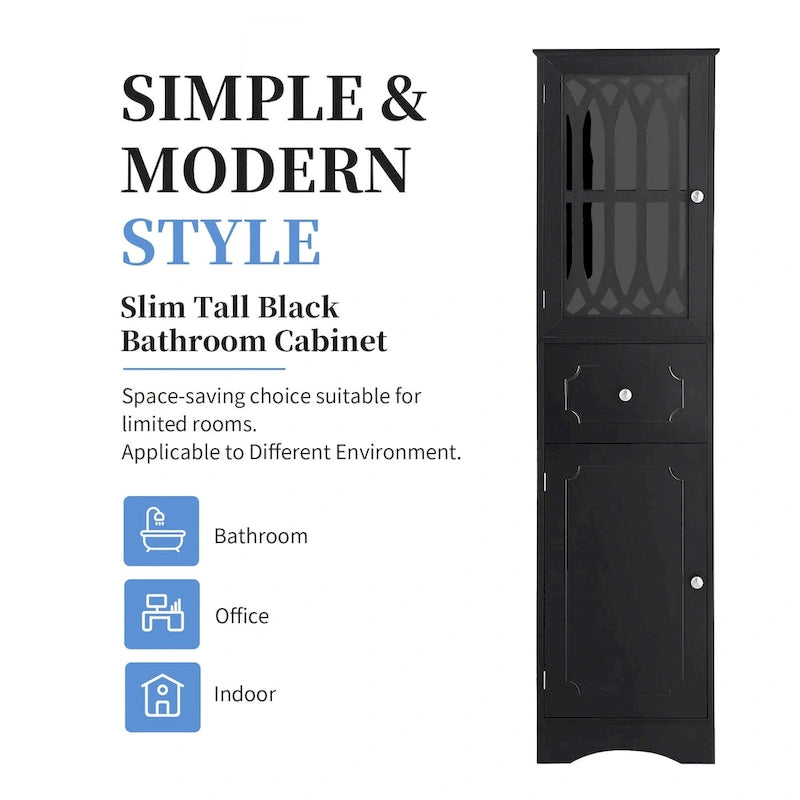 Armoire de salle de bain haute, meuble de rangement autoportant avec tiroir et portes, panneau MDF, porte en acrylique, étagère réglable, noir