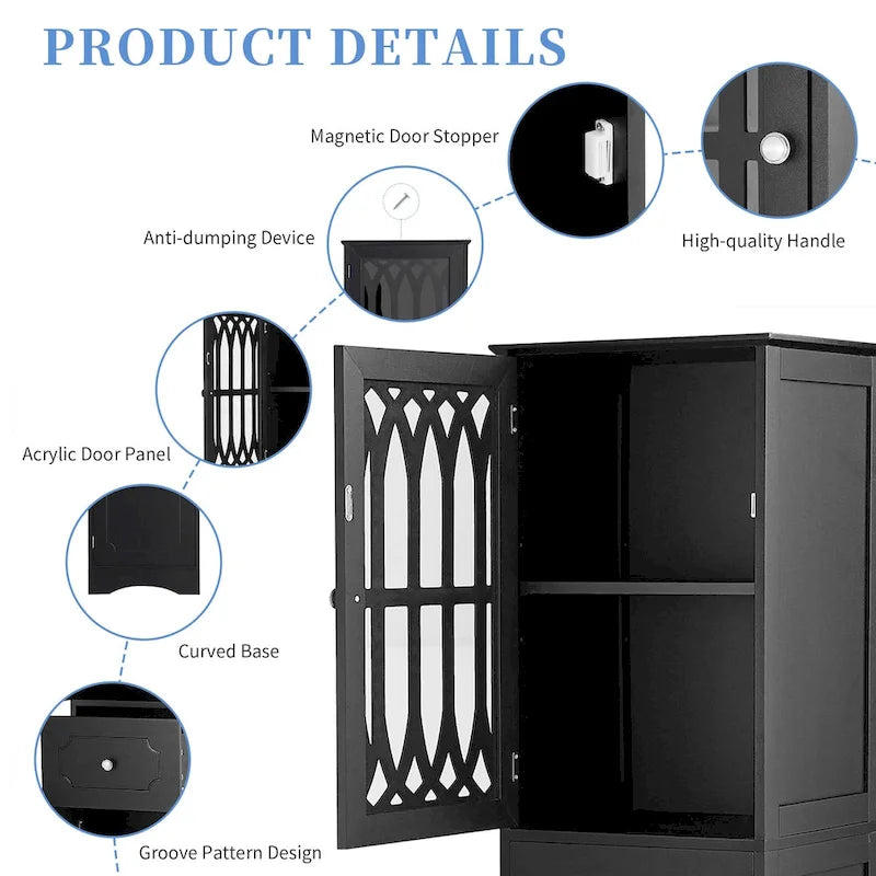 Armoire de salle de bain haute, meuble de rangement autoportant avec tiroir et portes, panneau MDF, porte en acrylique, étagère réglable, noir