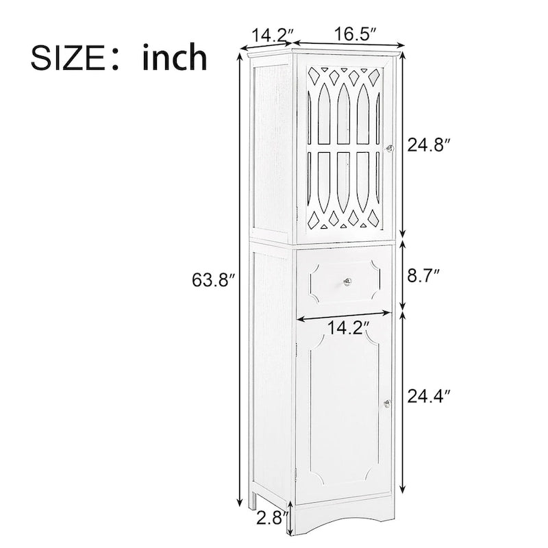 Armoire de salle de bain haute, meuble de rangement autoportant avec tiroir et portes, panneau MDF, porte en acrylique, étagère réglable, noir