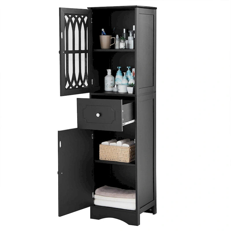 Armoire de salle de bain haute, meuble de rangement autoportant avec tiroir et portes, panneau MDF, porte en acrylique, étagère réglable, noir