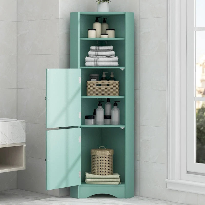 Meuble d'angle de salle de bain haut, meuble de rangement autoportant avec portes et étagères réglables, panneau MDF, vert