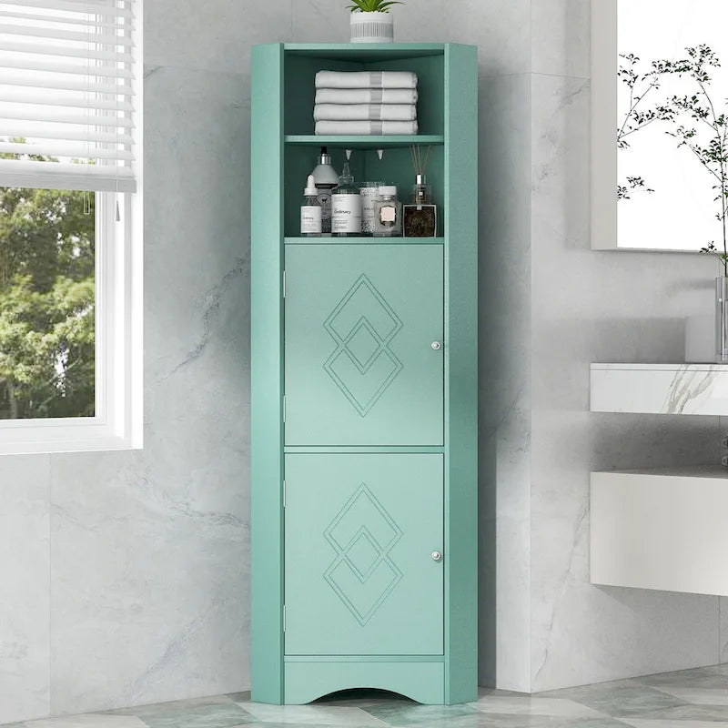 Meuble d'angle de salle de bain haut, meuble de rangement autoportant avec portes et étagères réglables, panneau MDF, vert