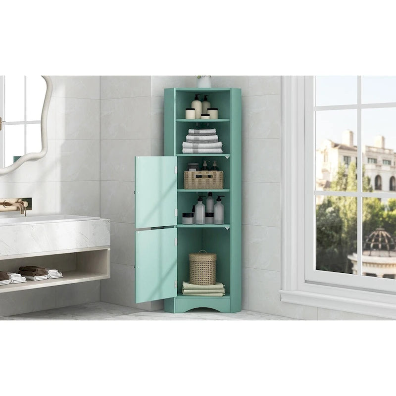 Meuble d'angle de salle de bain haut, meuble de rangement autoportant avec portes et étagères réglables, panneau MDF, vert