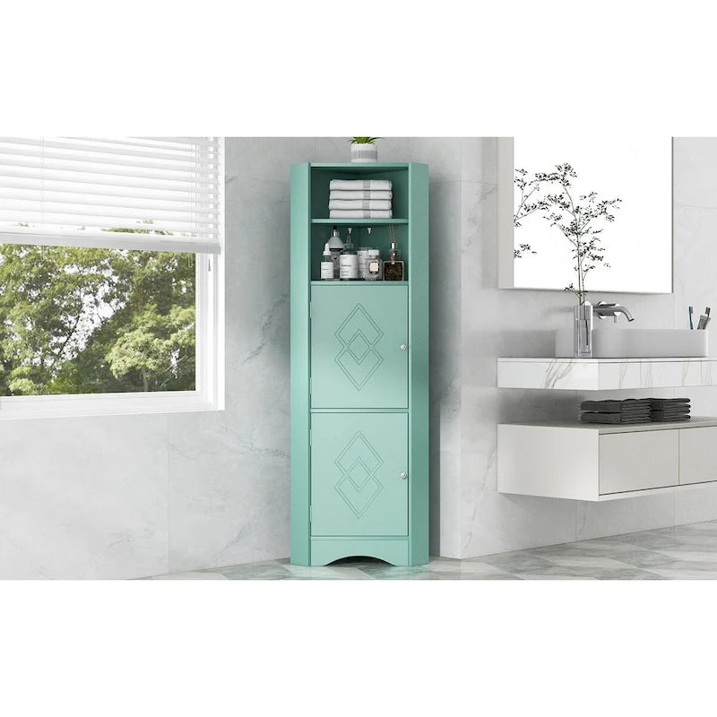 Meuble d'angle de salle de bain haut, meuble de rangement autoportant avec portes et étagères réglables, panneau MDF, vert