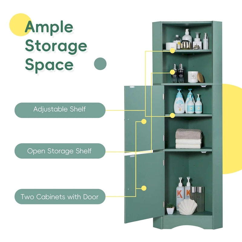 Meuble d'angle de salle de bain haut, meuble de rangement autoportant avec portes et étagères réglables, panneau MDF, vert