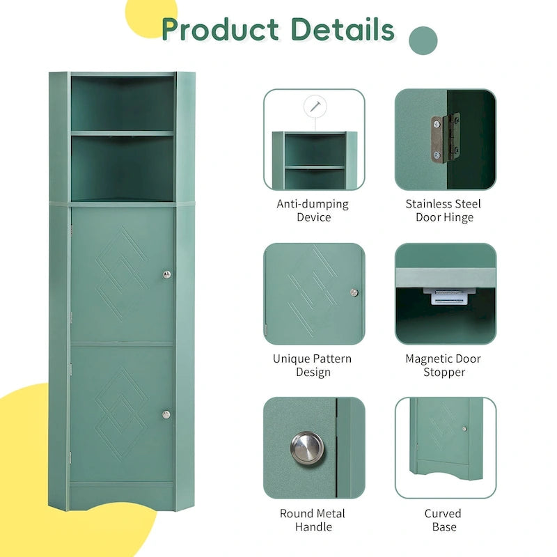 Meuble d'angle de salle de bain haut, meuble de rangement autoportant avec portes et étagères réglables, panneau MDF, vert