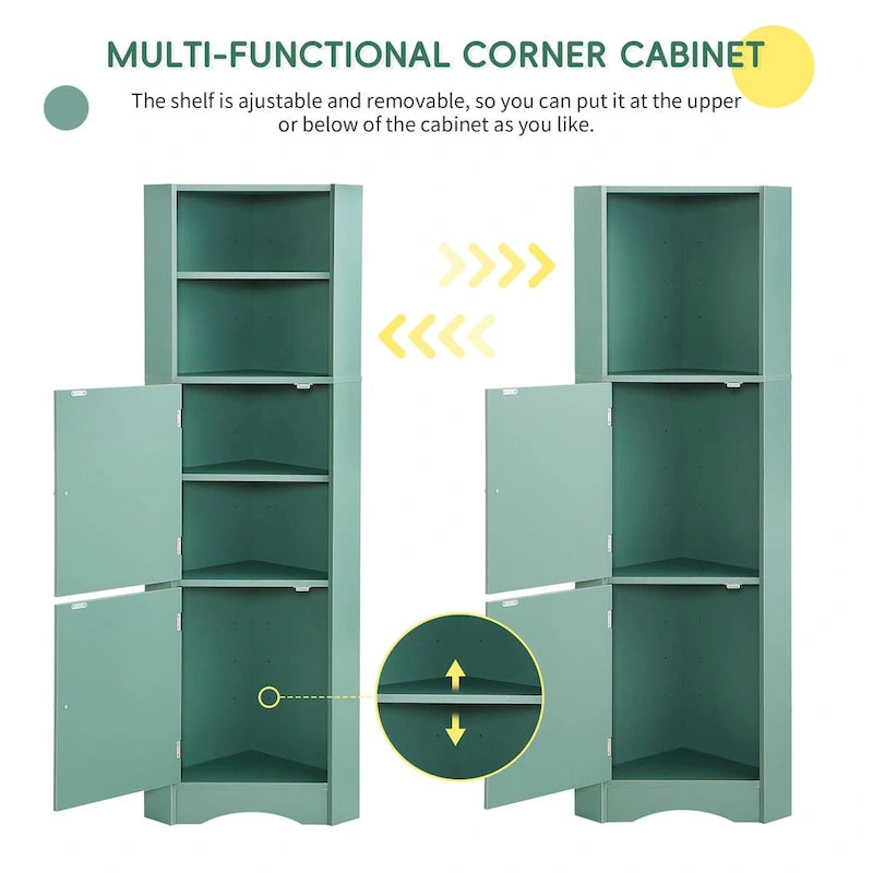 Meuble d'angle de salle de bain haut, meuble de rangement autoportant avec portes et étagères réglables, panneau MDF, vert