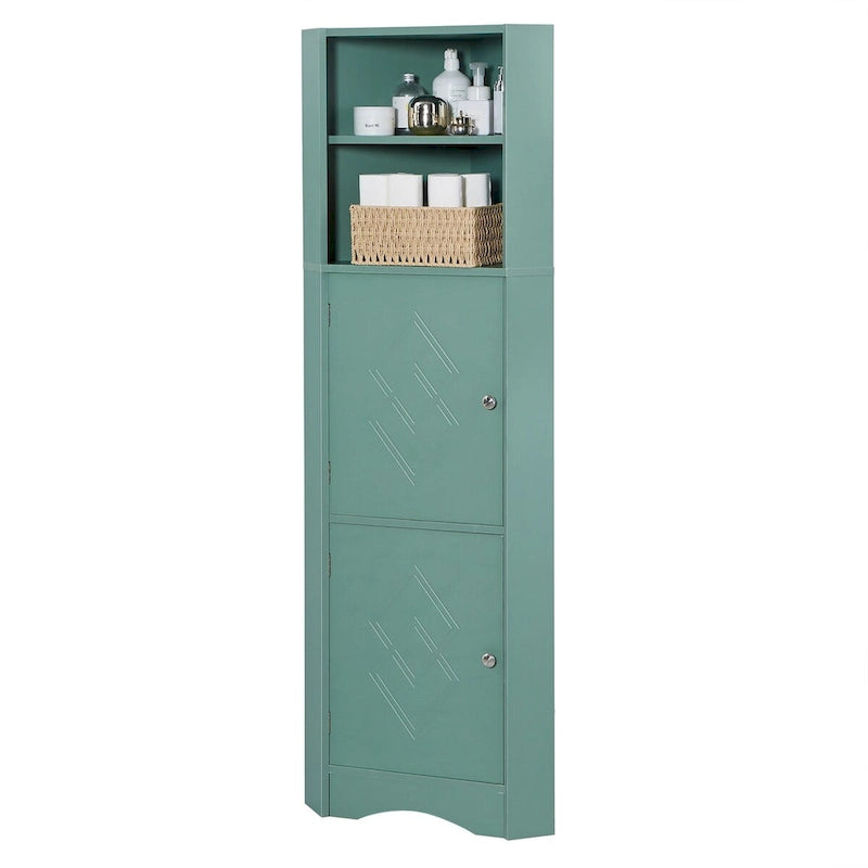Meuble d'angle de salle de bain haut, meuble de rangement autoportant avec portes et étagères réglables, panneau MDF, vert