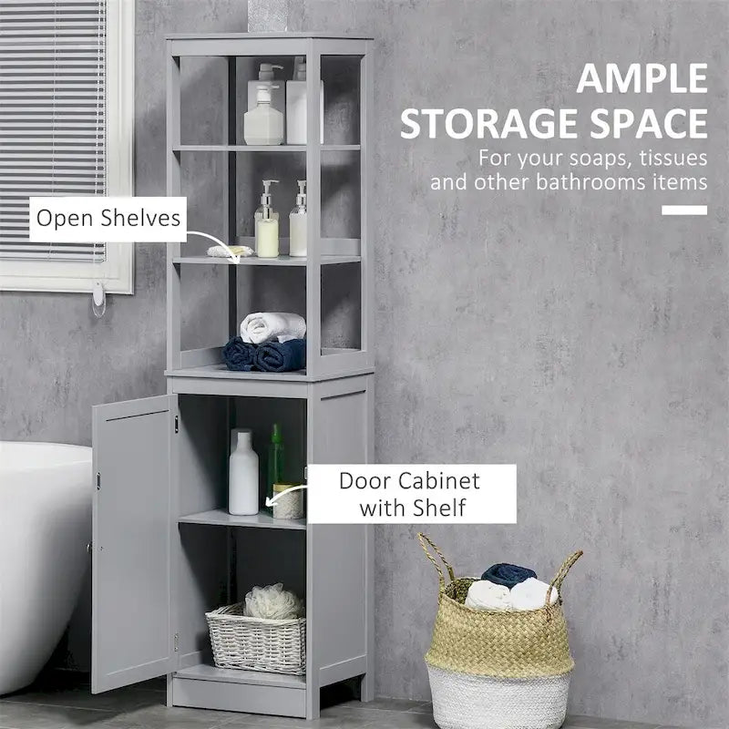 Armoire de rangement haute autoportante pour salle de bain avec étagère ouverte et porte