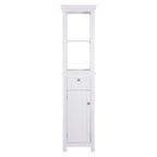 Armoire de rangement autoportante pour salle de bain COSTARS, colonne haute et mince avec porte et tiroir, dotée de deux étagères ouvertes.