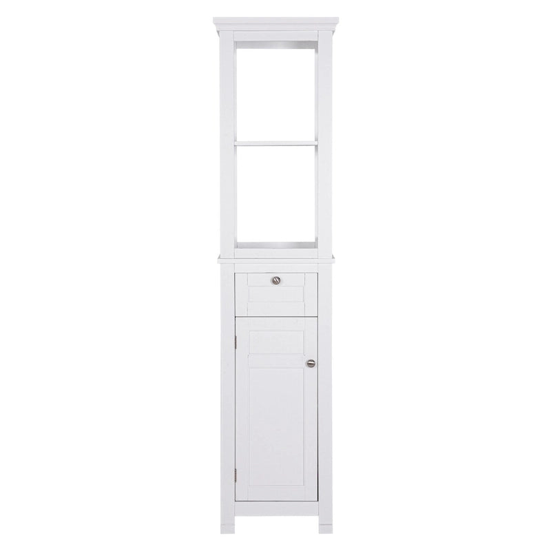 Armoire de rangement autoportante pour salle de bain COSTARS, colonne haute et mince avec porte et tiroir, dotée de deux étagères ouvertes.