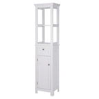 Armoire de rangement autoportante pour salle de bain COSTARS, colonne haute et mince avec porte et tiroir, dotée de deux étagères ouvertes.