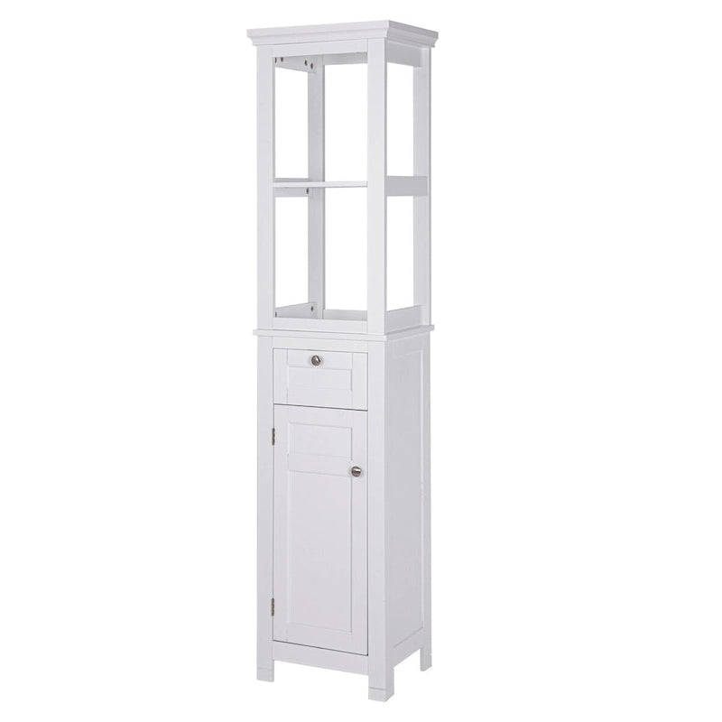 Armoire de rangement autoportante pour salle de bain COSTARS, colonne haute et mince avec porte et tiroir, dotée de deux étagères ouvertes.