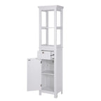 Armoire de rangement autoportante pour salle de bain COSTARS, colonne haute et mince avec porte et tiroir, dotée de deux étagères ouvertes.