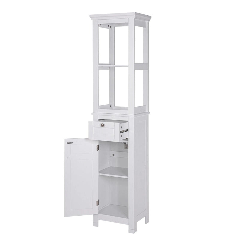 Armoire de rangement autoportante pour salle de bain COSTARS, colonne haute et mince avec porte et tiroir, dotée de deux étagères ouvertes.