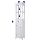 Armoire de rangement autoportante pour salle de bain COSTARS, colonne haute et mince avec porte et tiroir, dotée de deux étagères ouvertes.