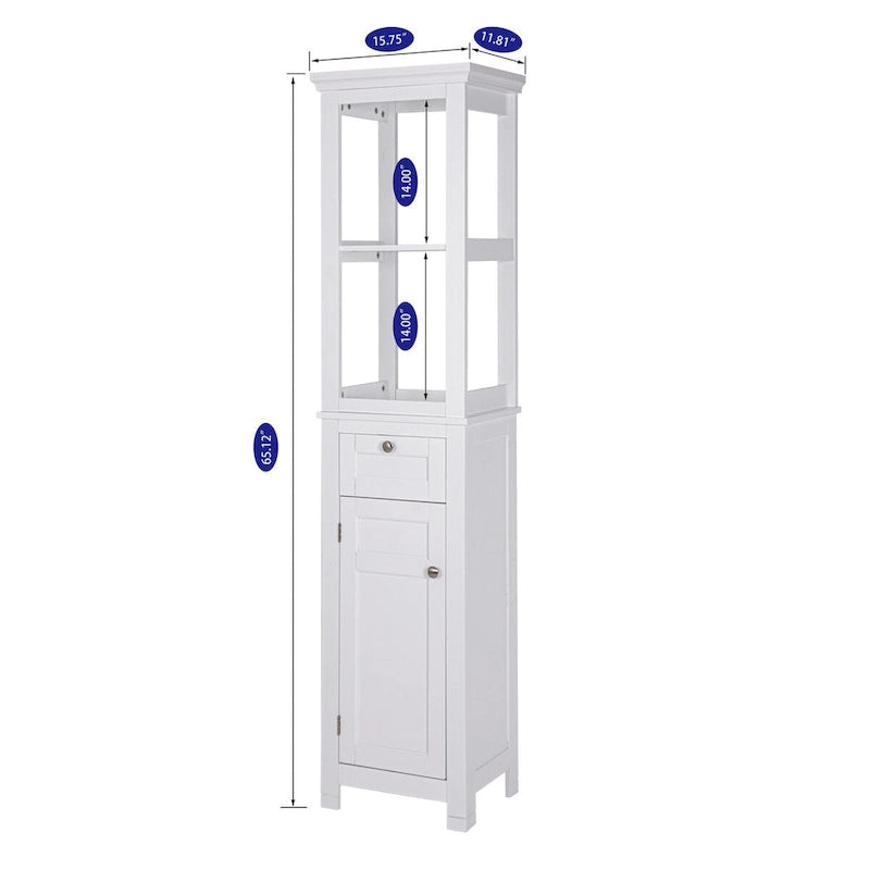 Armoire de rangement autoportante pour salle de bain COSTARS, colonne haute et mince avec porte et tiroir, dotée de deux étagères ouvertes.