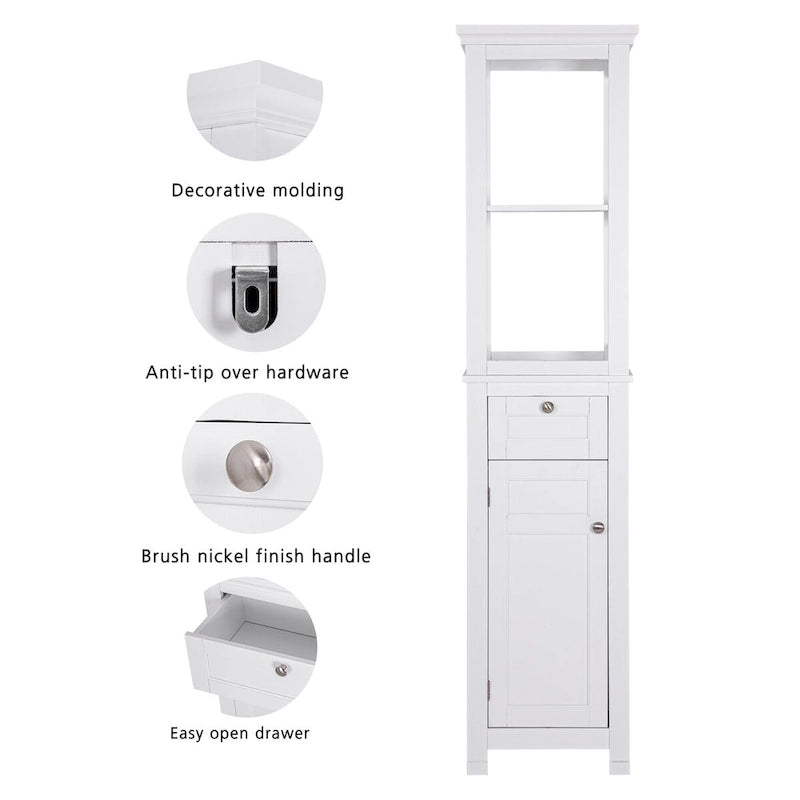 Armoire de rangement autoportante pour salle de bain COSTARS, colonne haute et mince avec porte et tiroir, dotée de deux étagères ouvertes.