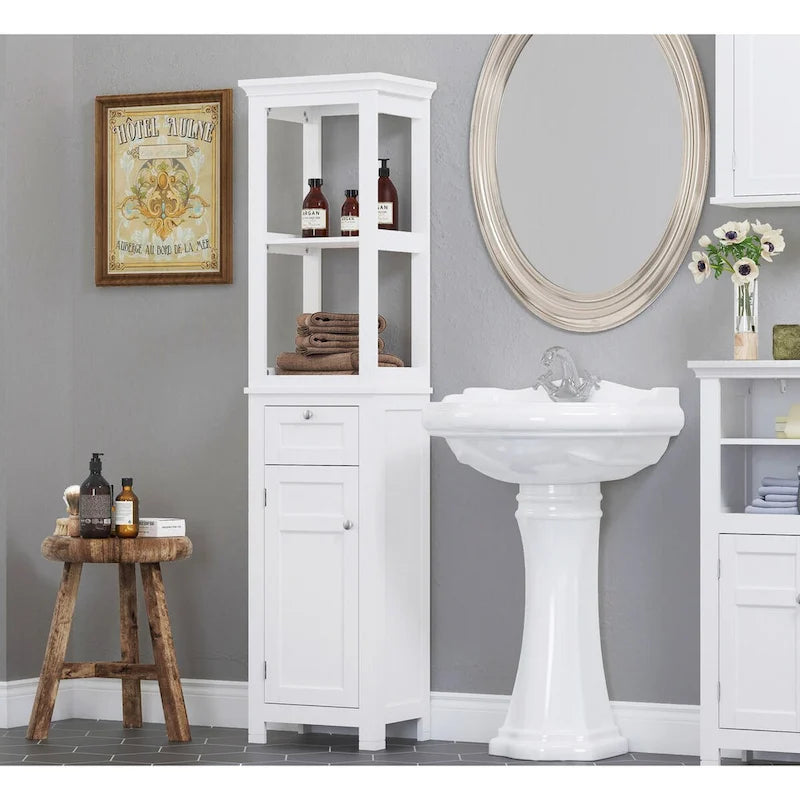 Armoire de rangement autoportante pour salle de bain COSTARS, colonne haute et mince avec porte et tiroir, dotée de deux étagères ouvertes.