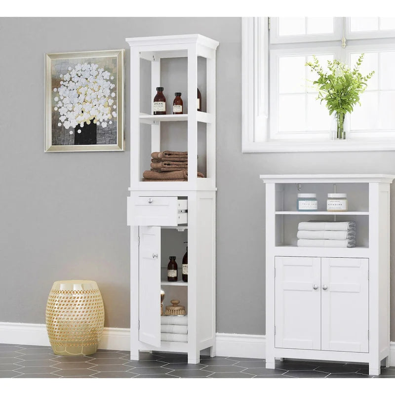 Armoire de rangement autoportante pour salle de bain COSTARS, colonne haute et mince avec porte et tiroir, dotée de deux étagères ouvertes.