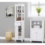 Armoire de rangement autoportante pour salle de bain COSTARS, colonne haute et mince avec porte et tiroir, dotée de deux étagères ouvertes.