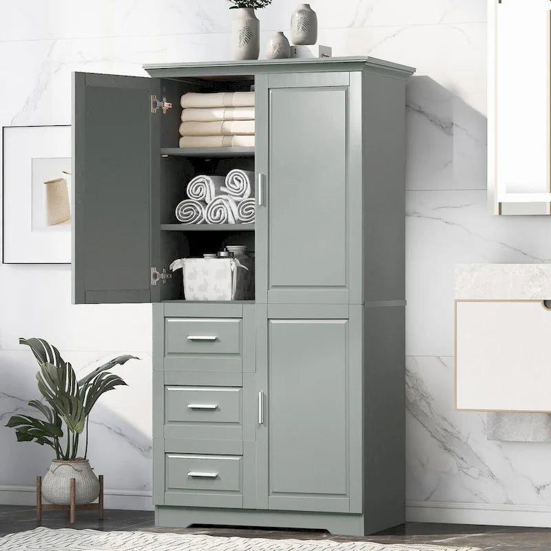 Armoire de rangement haute et large avec portes pour salle de bain/bureau, trois tiroirs, grise