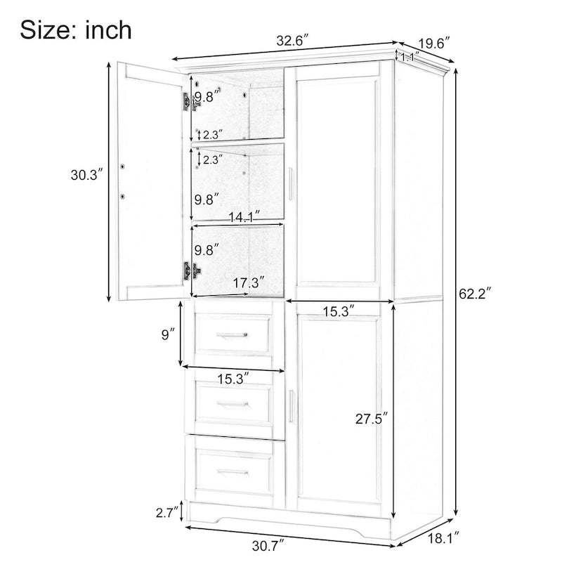 Armoire de rangement haute et large avec portes pour salle de bain/bureau, trois tiroirs, grise