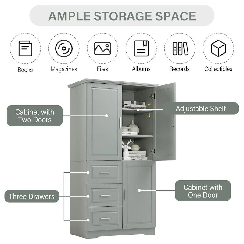 Armoire de rangement haute et large avec portes pour salle de bain/bureau, trois tiroirs, grise