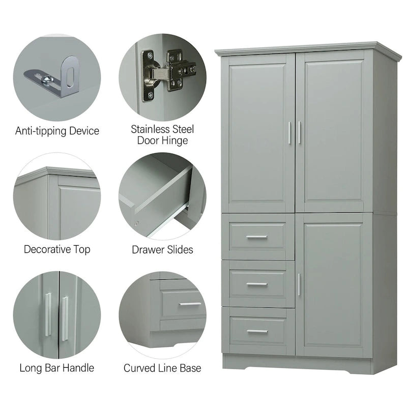 Armoire de rangement haute et large avec portes pour salle de bain/bureau, trois tiroirs, grise