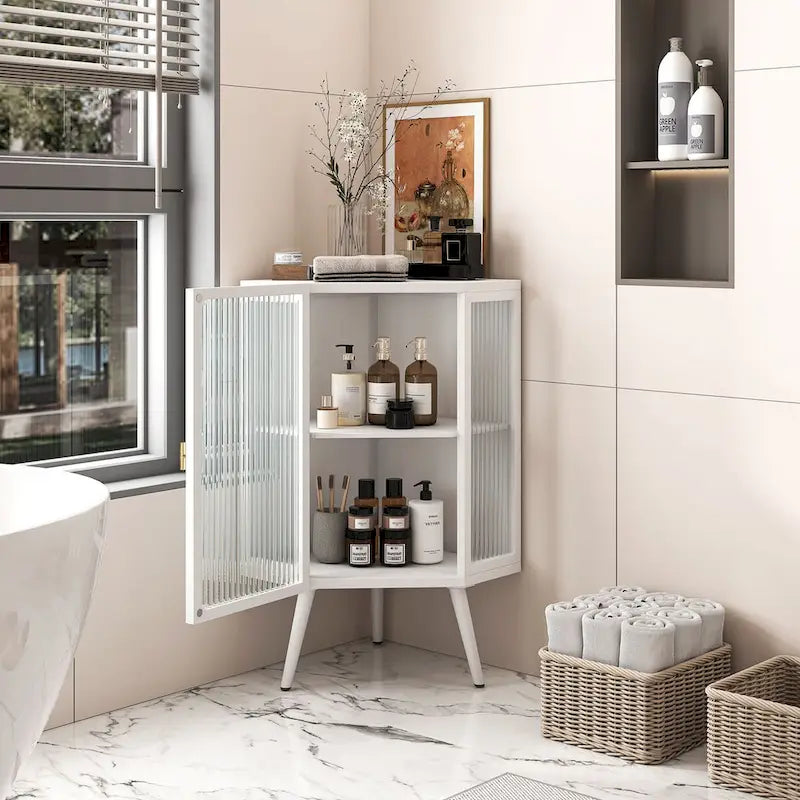 Armoire à linge d'angle au sol avec porte en verre trempé, dimensions : 56,5 cm (L) x 42 cm (P) x 80 cm (H)