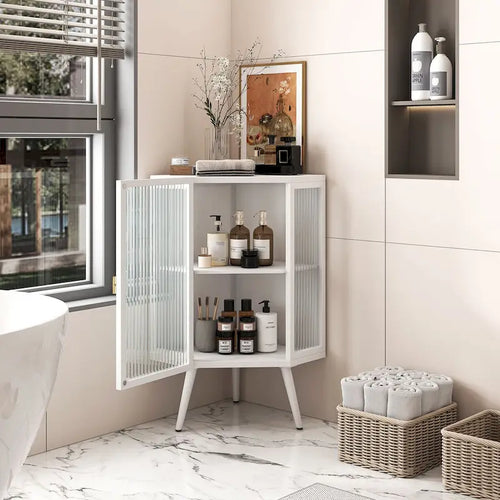 Armoire à linge d'angle au sol avec porte en verre trempé, dimensions : 56,5 cm (L) x 42 cm (P) x 80 cm (H)