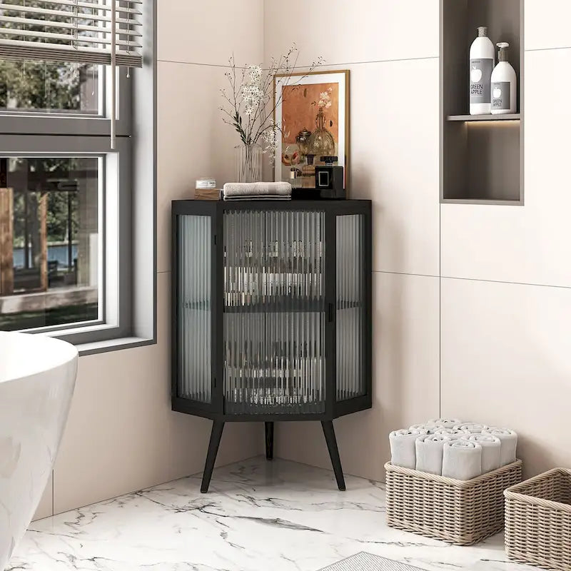 Armoire à linge d'angle au sol avec porte en verre trempé, dimensions : 56,5 cm (L) x 42 cm (P) x 80 cm (H)