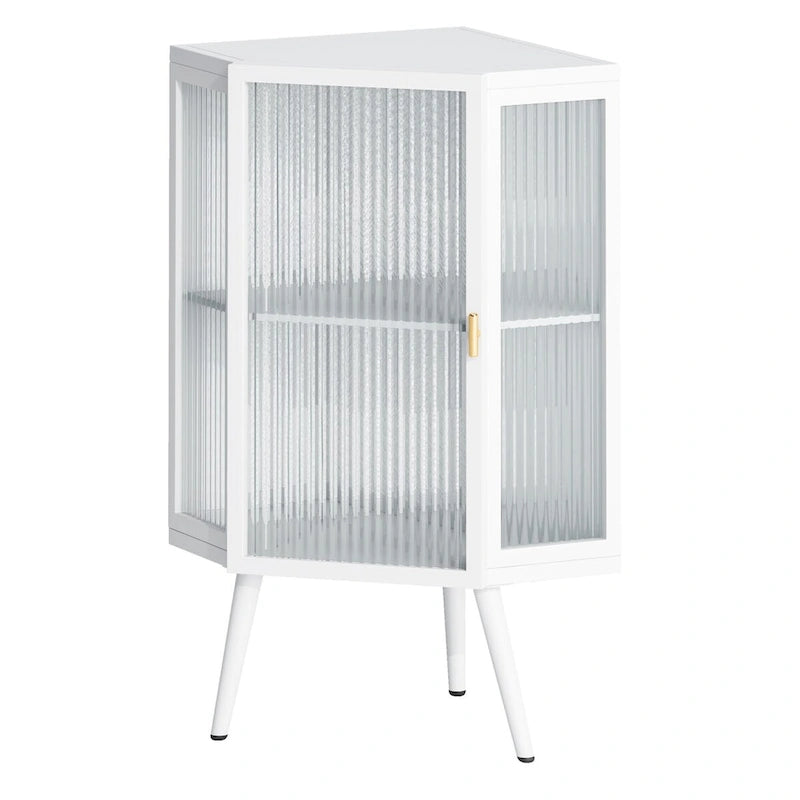 Armoire à linge d'angle au sol avec porte en verre trempé, dimensions : 56,5 cm (L) x 42 cm (P) x 80 cm (H)