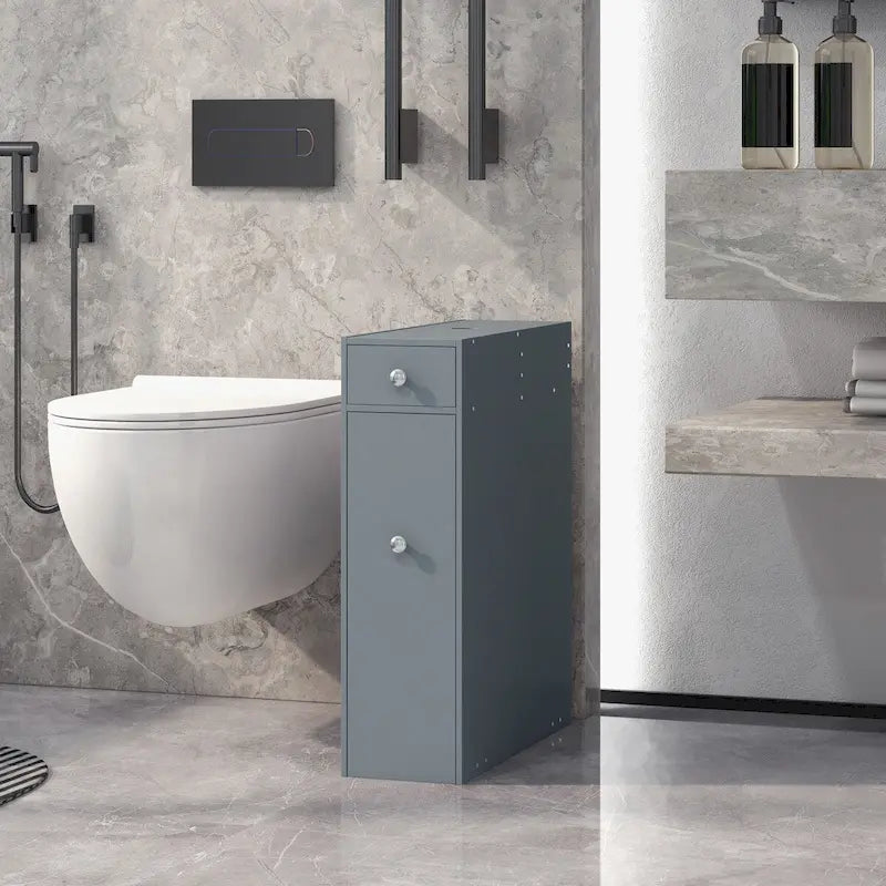 HOMCOM Organisateur de sol gris pour salle de bain, meuble de rangement étroit et peu encombrant, porte-papier toilette avec tiroirs