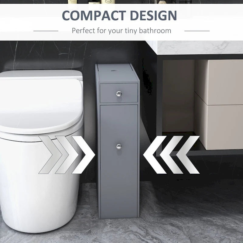 HOMCOM Organisateur de sol gris pour salle de bain, meuble de rangement étroit et peu encombrant, porte-papier toilette avec tiroirs
